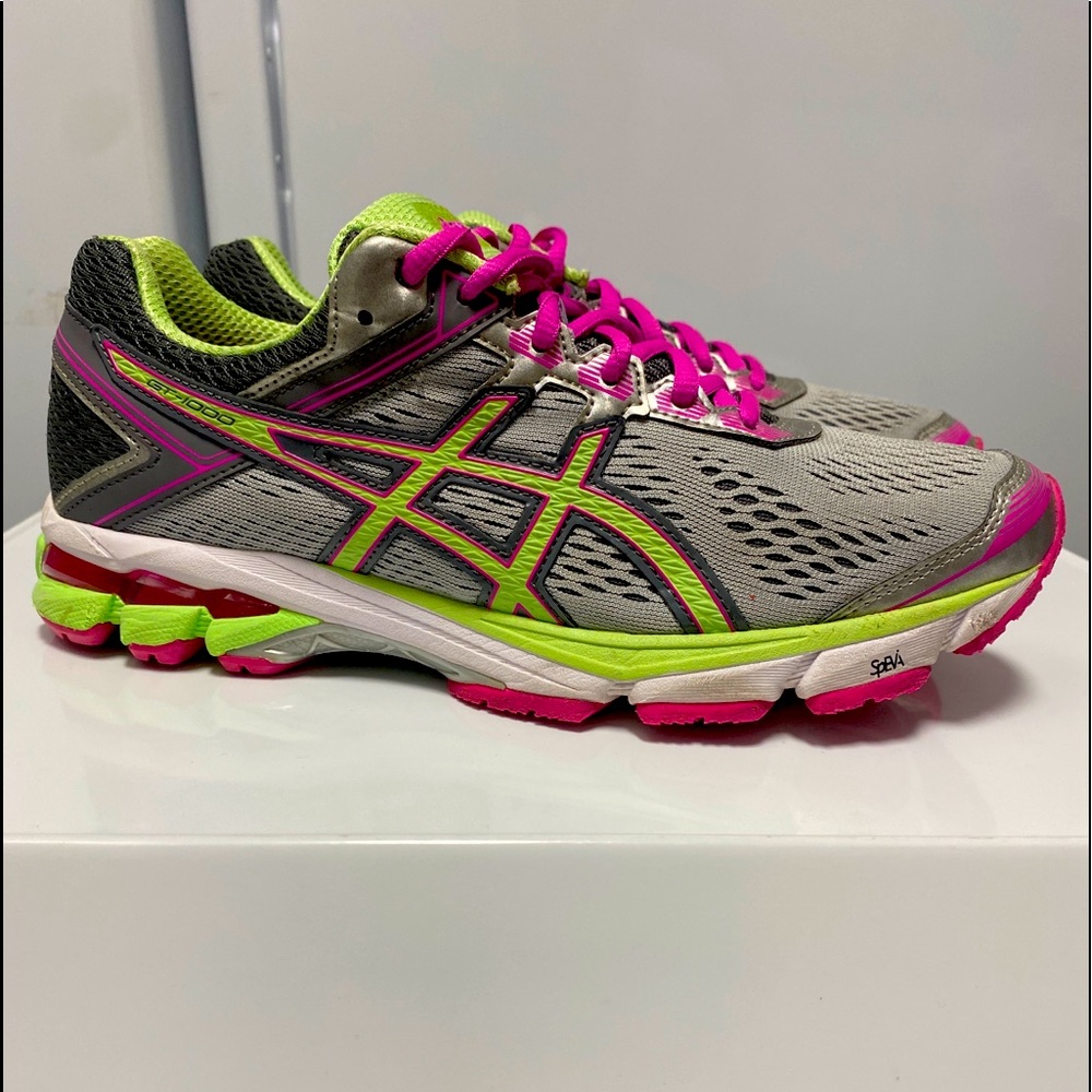 ASICS Women Gel GT-1000  4 Running Shoes Gray/Hot/Pink /Lime T5A8N  Sz 9.